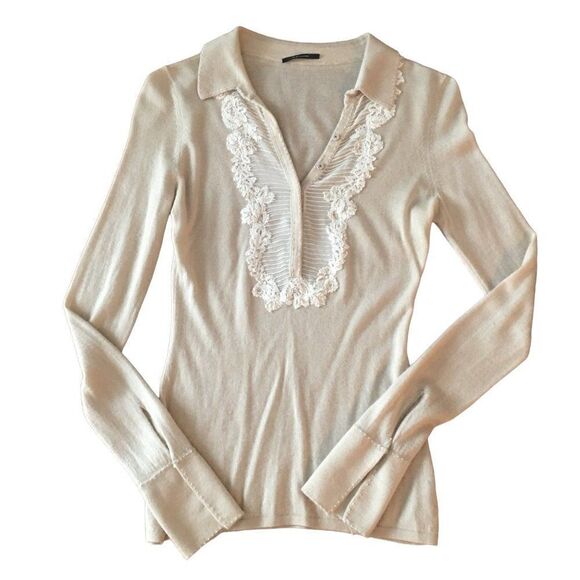 Elie Tahari V-neck Beige Long Sleeve Sweater - Picture 7 of 11